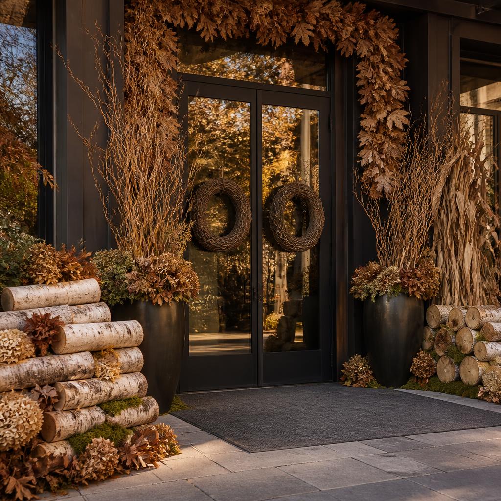 Layered commercial fall entry with natural branches in Des Moines - Front Porch Collective