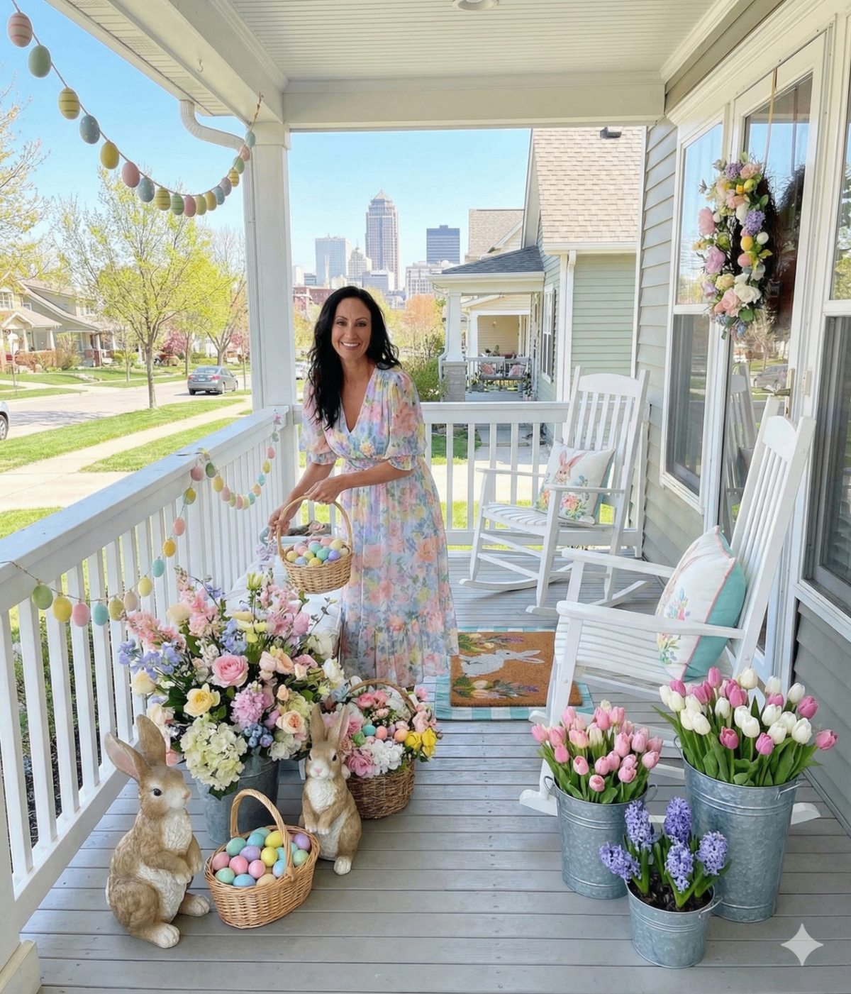 Professional Spring Easter porch decorating in Des Moines Iowa