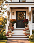Professional fall porch decorating in Des Moines Iowa - heirloom pumpkin signature display