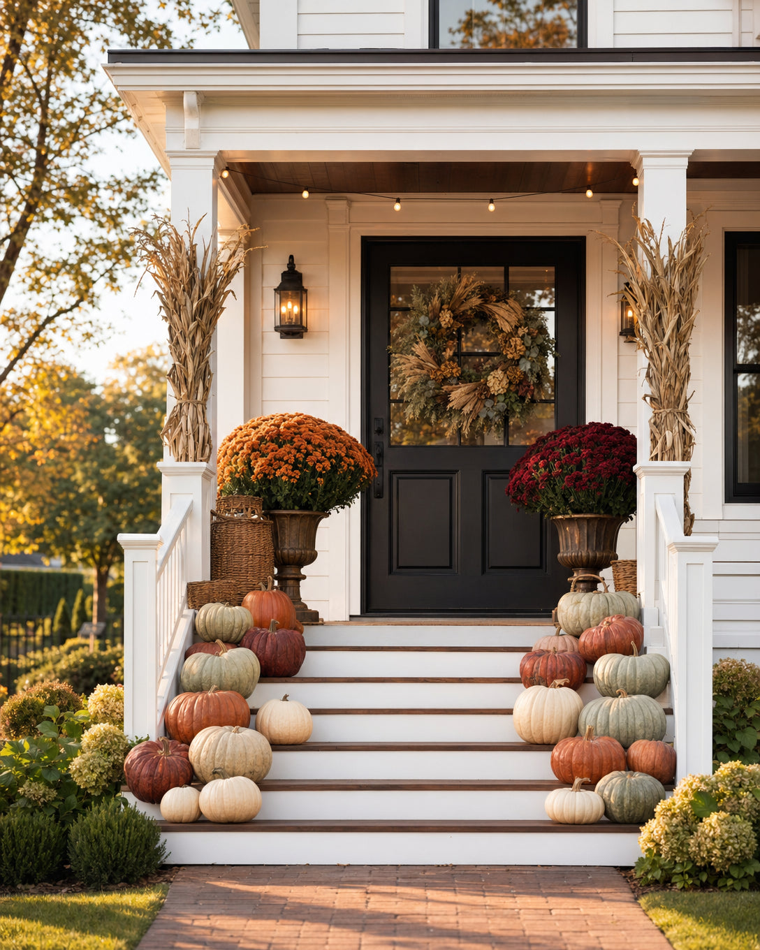 Professional fall porch decorating in Des Moines Iowa - heirloom pumpkin signature display